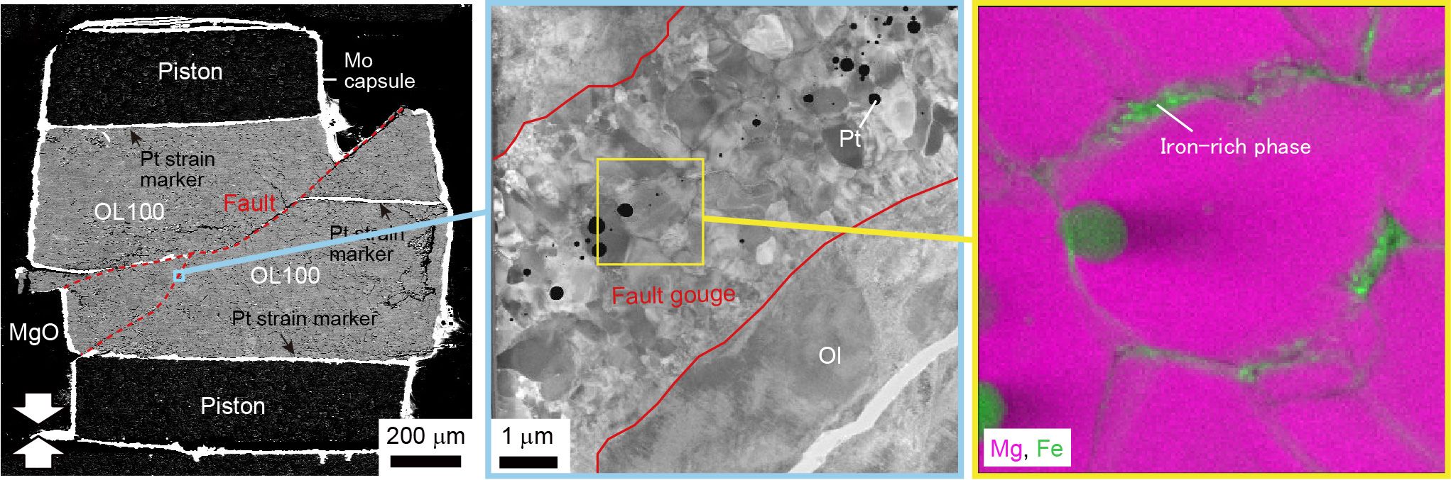 Faults developed in the olivine aggregate deformed at 15.5 GPa and 850 ºC