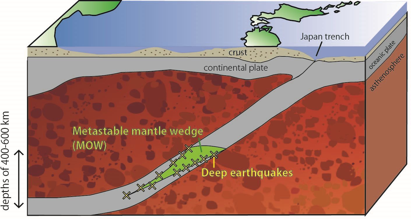 Deep-focus earthquakes occurring in the subducted slab underneath Honshu island