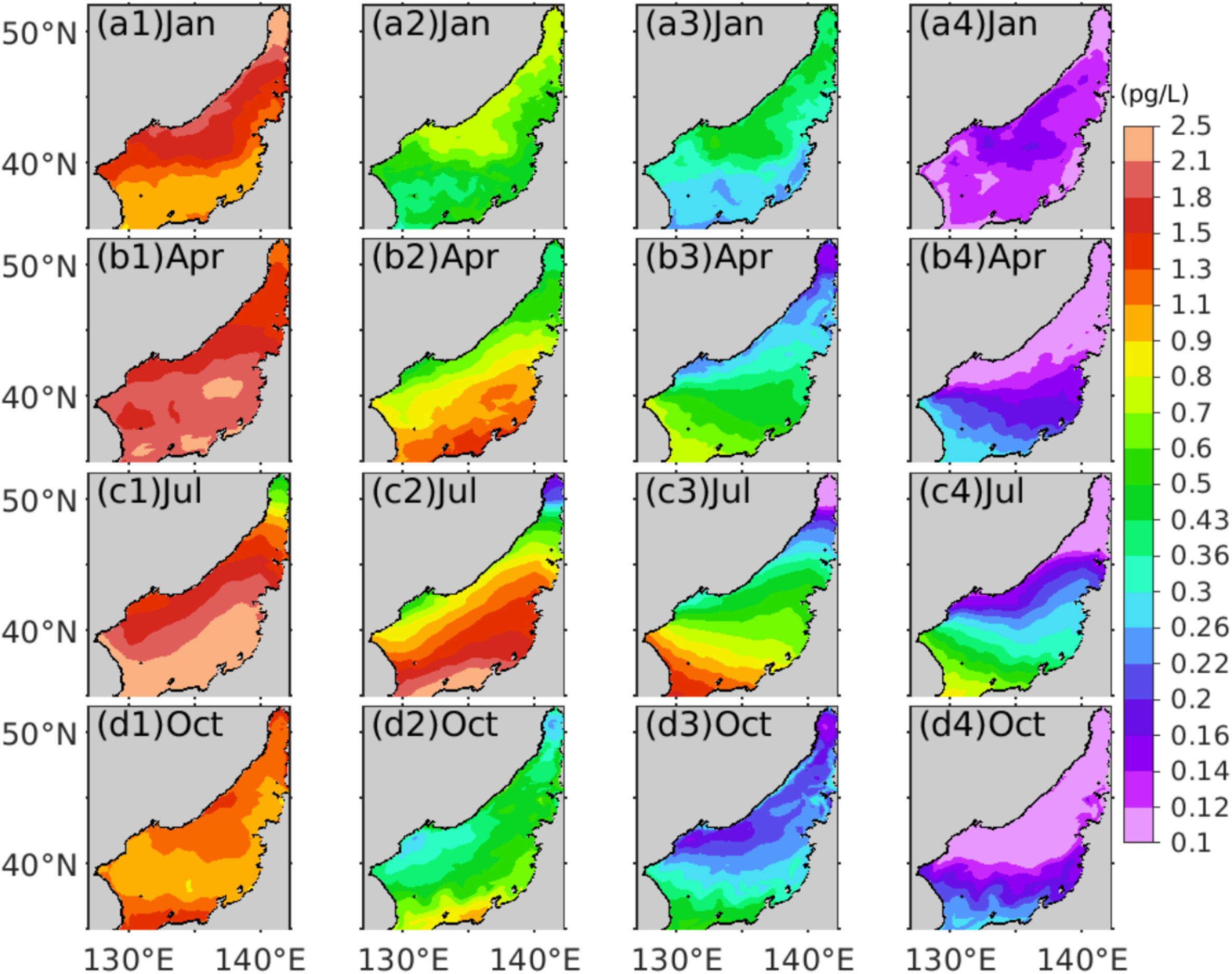 表層溶解態PCB濃度の水平分布