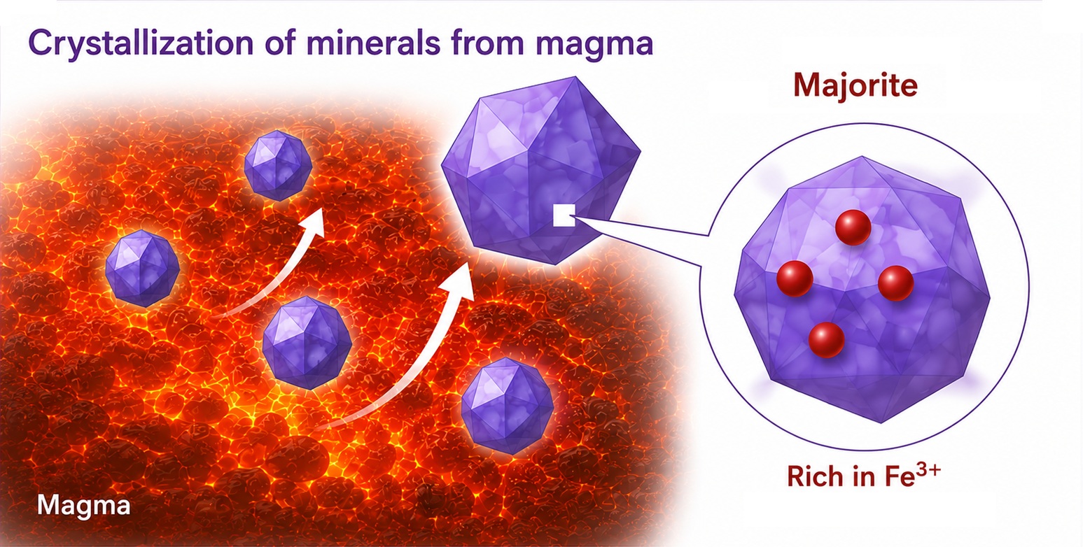 Schematic image of Fe<sup>3+</sup>-rich majorite crystallized from magma